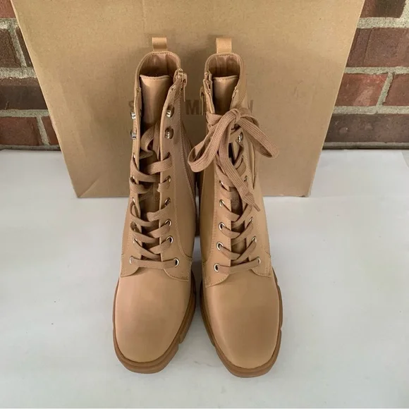 Steve Madden Womens Hani tan ankle Combat Lace-up Boots block heel US 10 M NEW - Picture 3 of 7